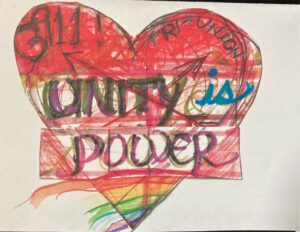 A hand-drawn image of a partly-red and partly-rainbow coloured heart shape, with the words "3911," "Tri-Union" and "Unity is Power" written within it.